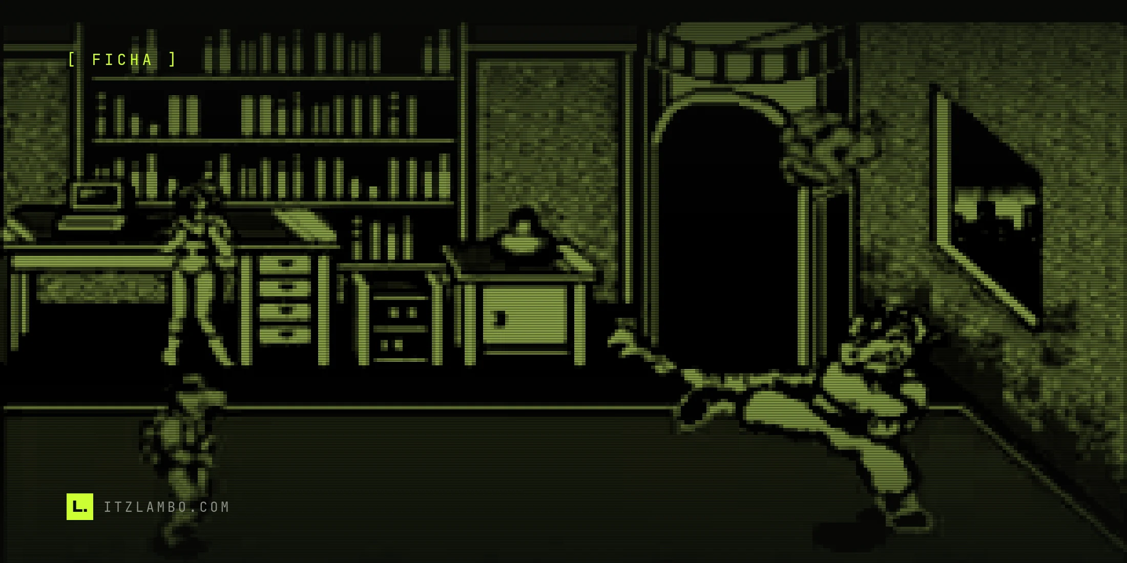 Fotograma del juego en NES: una tortuga verde golpea a un soldado del Clan del Pie dentro de una oficina con librero y escritorio; al fondo, April O'Neil observa la pelea junto a una ventana con vista nocturna a la ciudad.