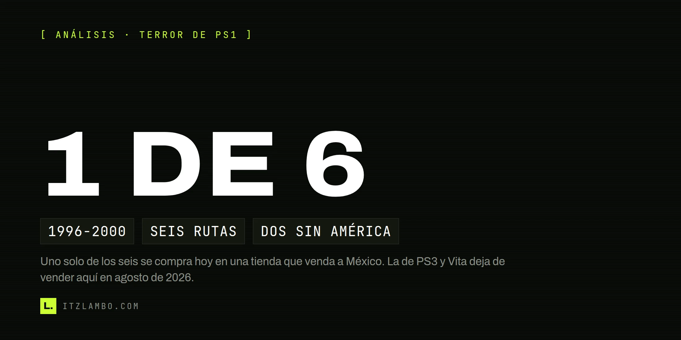 Cartel tipográfico oscuro con la cifra «1 DE 6» en grande, el antetítulo «Análisis · terror de PS1» y tres fichas breves: 1996-2000, SEIS RUTAS, DOS SIN AMÉRICA.