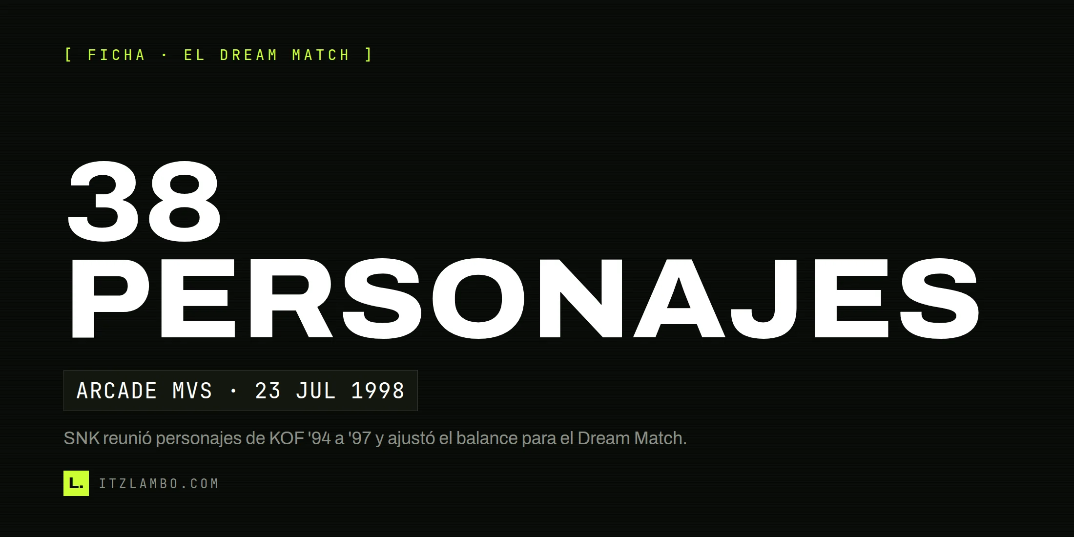 Cartel tipográfico: 38 personajes; ficha sobre The King of Fighters '98 y su Dream Match.