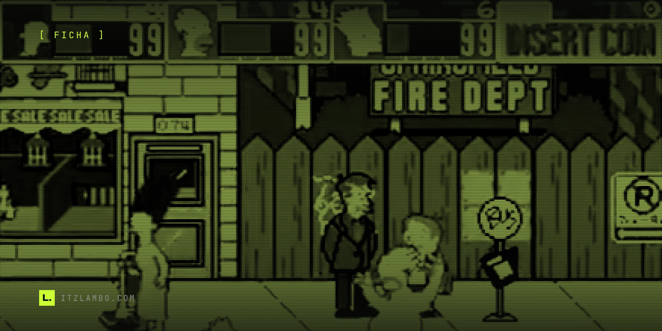 Fotograma de la recreativa de Konami en la calle principal de Springfield: bajo los marcadores de Marge, Homer y Bart con sus barras de energía y el aviso «INSERT COIN», Marge blande una aspiradora, Homer forcejea con un matón y otro enemigo esgrime un cuchillo frente al parque de bomberos.