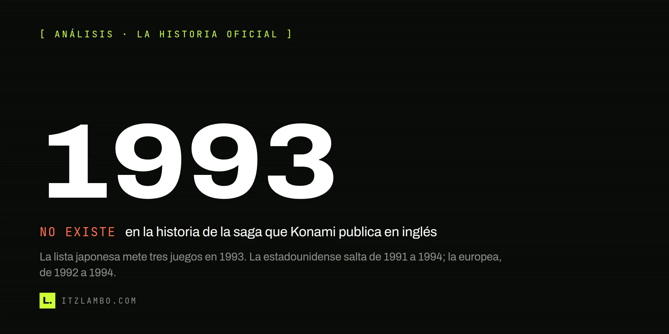 Cartel tipográfico: el año 1993 en grande sobre fondo oscuro, con la leyenda «NO EXISTE en la historia de Castlevania que Konami publica en inglés» y una nota al pie que resume el salto de 1991 a 1994 en la lista estadounidense.