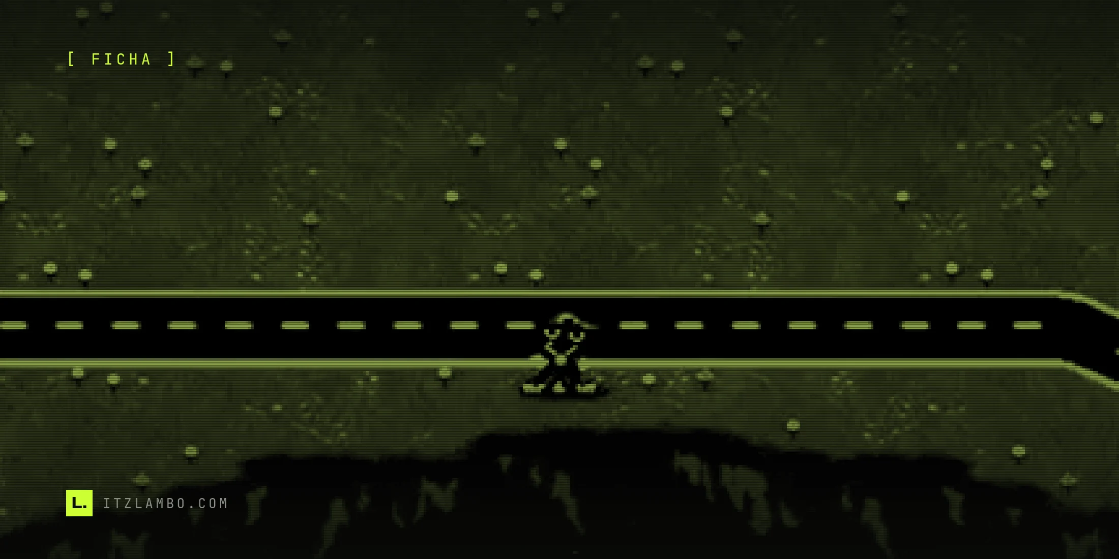 Fotograma de ToeJam & Earl en Mega Drive: Earl, con gorra y overol rojos, camina solo por un camino de asfalto con líneas amarillas que cruza una isla de pasto verde salpicado de puntos claros, con el borde de tierra de la isla flotante asomando en la parte baja del cuadro.