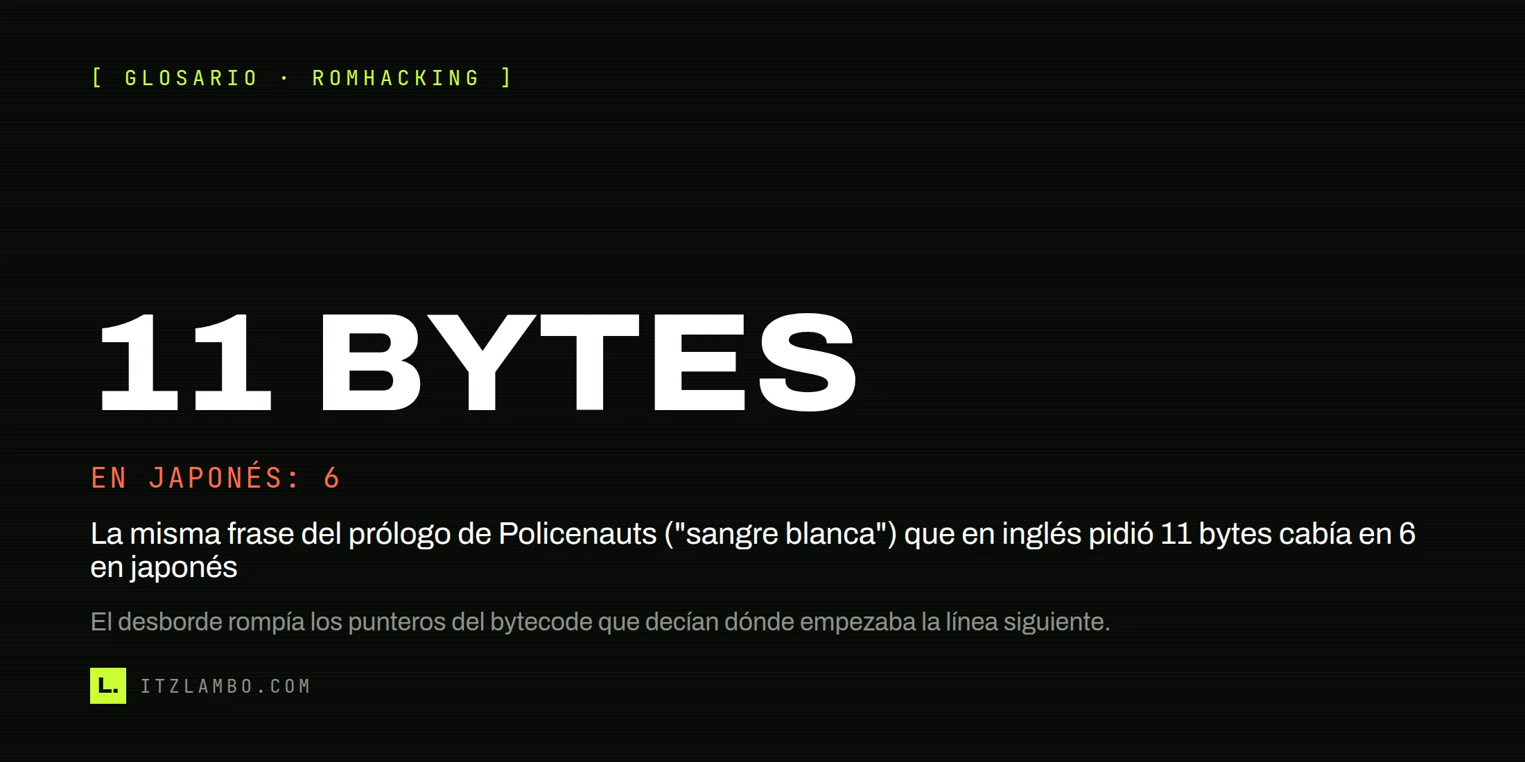 Cartel tipográfico con la cifra 11 bytes y el contraste "EN JAPONÉS: 6": la misma frase de Policenauts que en inglés pidió 11 bytes cabía en 6 en japonés, y ese desborde rompió los punteros del juego.
