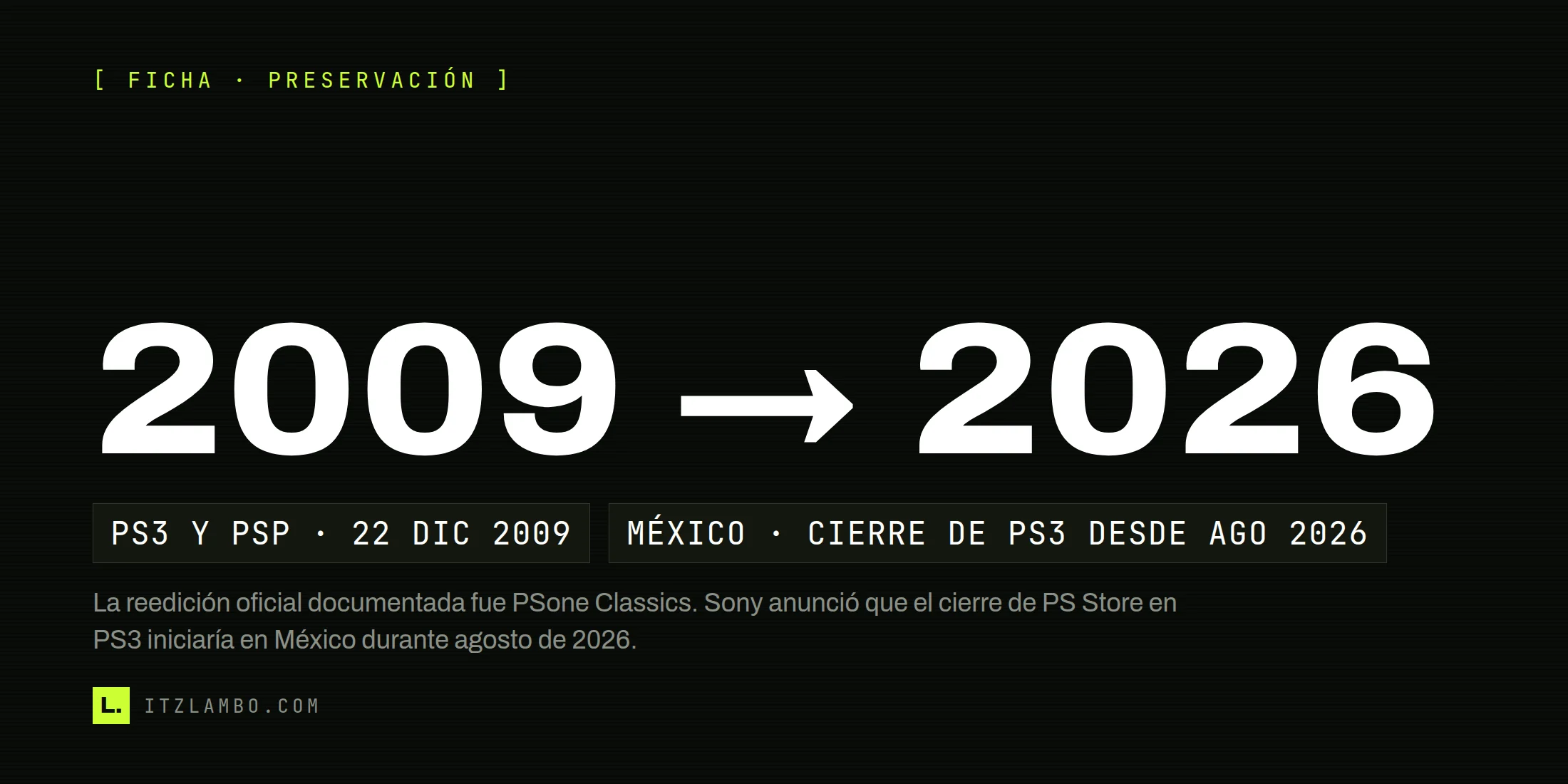 Cartel tipográfico sobre la reedición de Vagrant Story: PS3 y PSP en 2009 y cierre de PS Store de PS3 en México desde agosto de 2026.