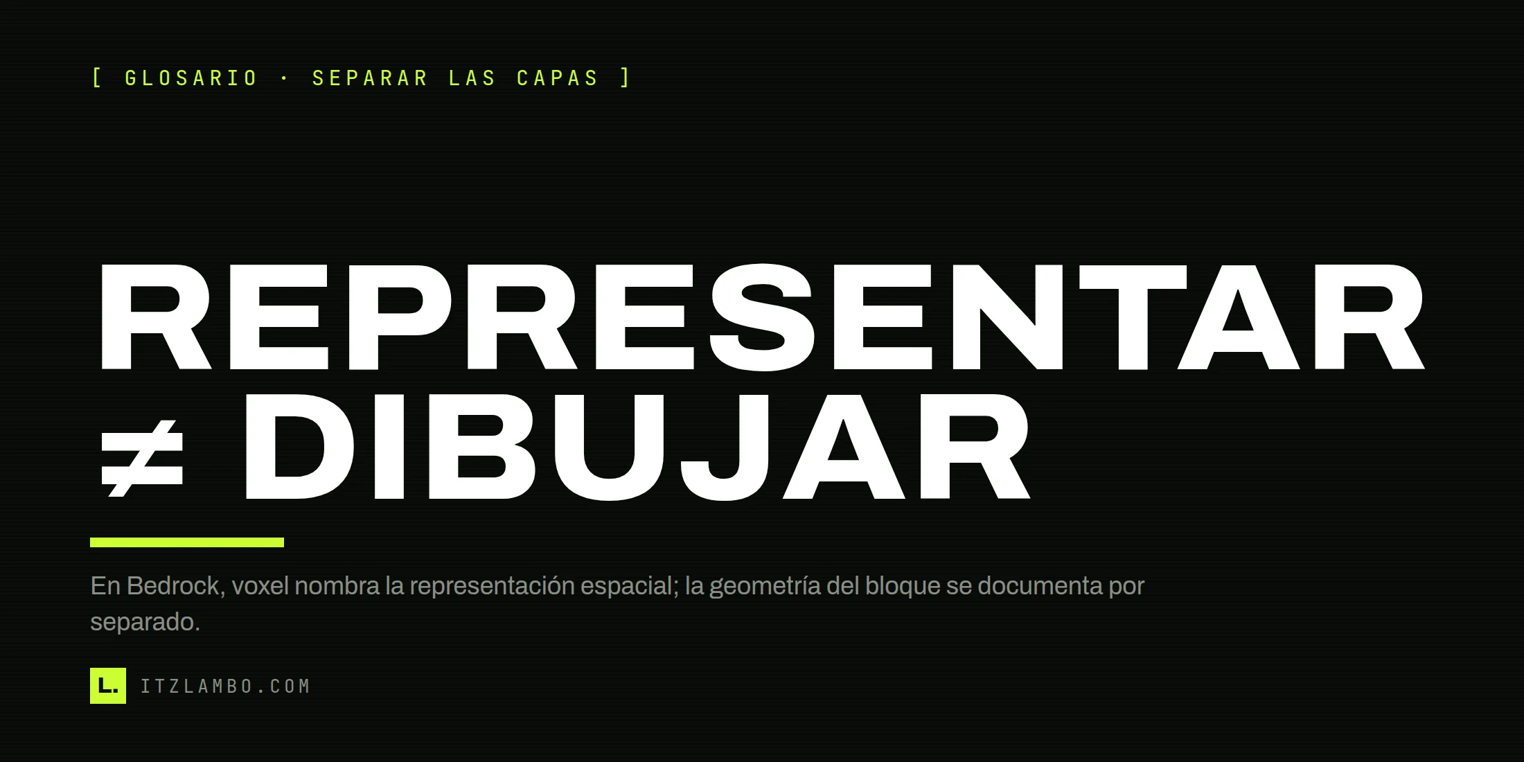 Cartel tipográfico con el texto «REPRESENTAR ≠ DIBUJAR» sobre la diferencia entre voxels espaciales y la geometría usada para renderizar bloques.