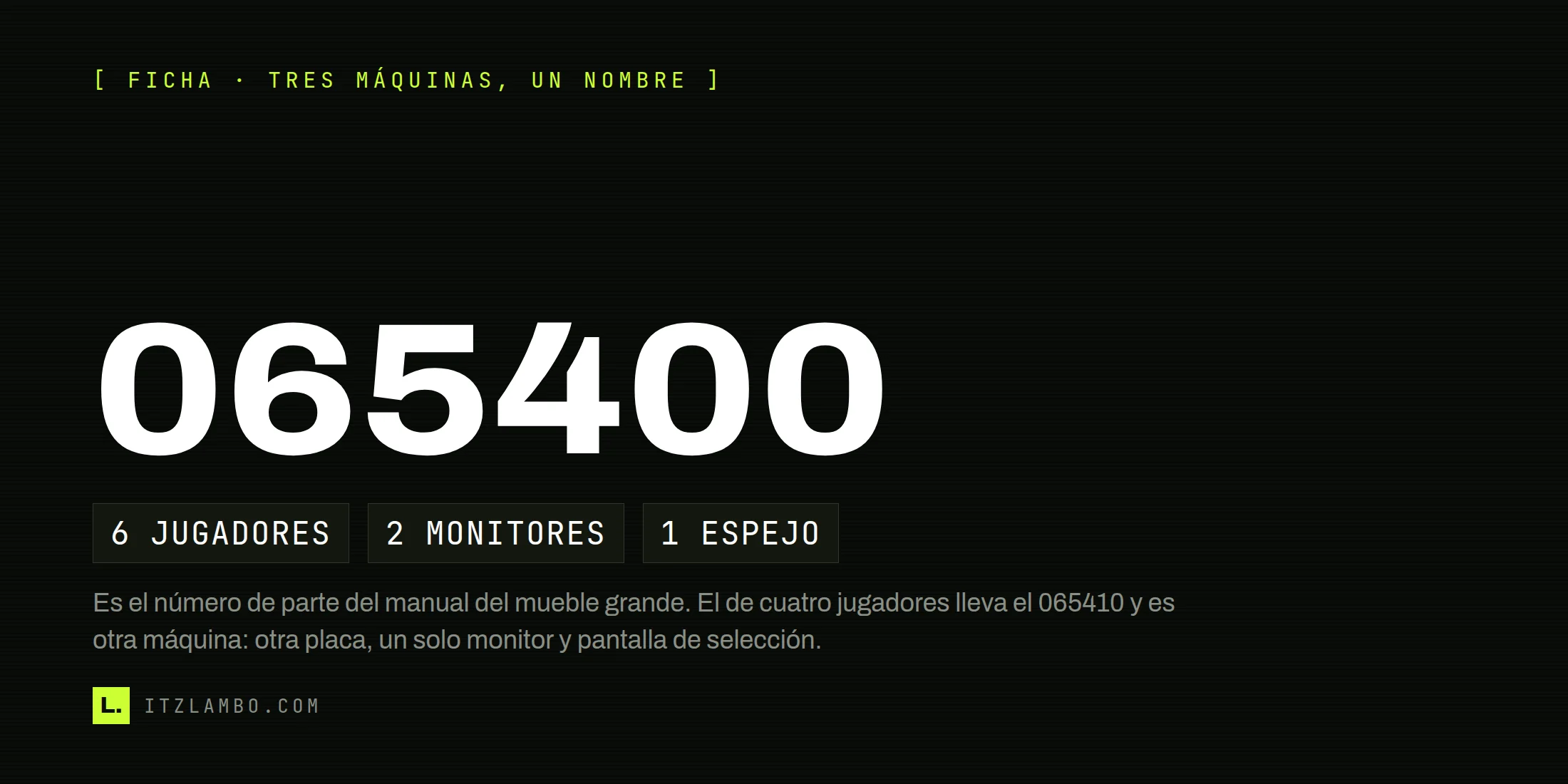 Cartel tipográfico sobre fondo plano: el número de parte 065400 impreso en grande, debajo tres fichas cortas —seis jugadores, dos monitores, un espejo— y una nota que aclara que ese número identifica el manual del mueble grande de X-Men, distinto del 065410 de cuatro jugadores.